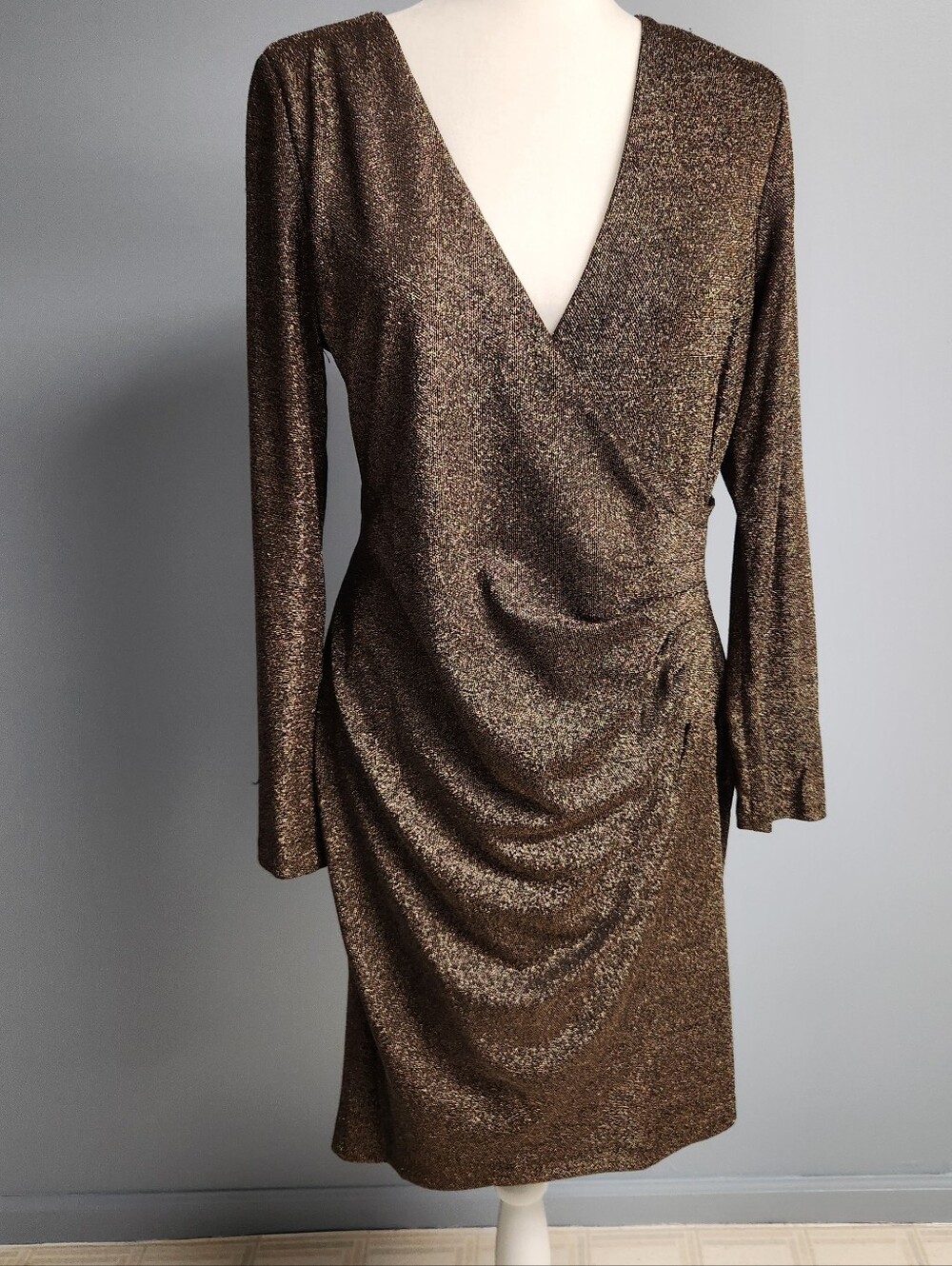 Metallic Brown Long-Sleeve Wrap Dress